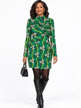 Zara Green Floral Ruched Mini Dress M Mock Neck Long Sleeve Stretch Retro